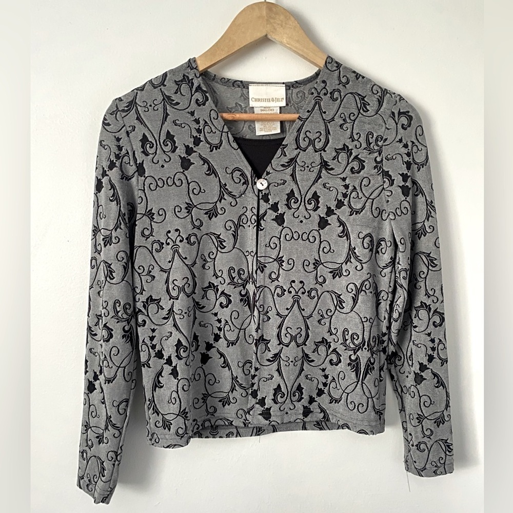 Vintage Christie & Jill Black Gray Floral Button Blouse w. Built in Tank Top SP